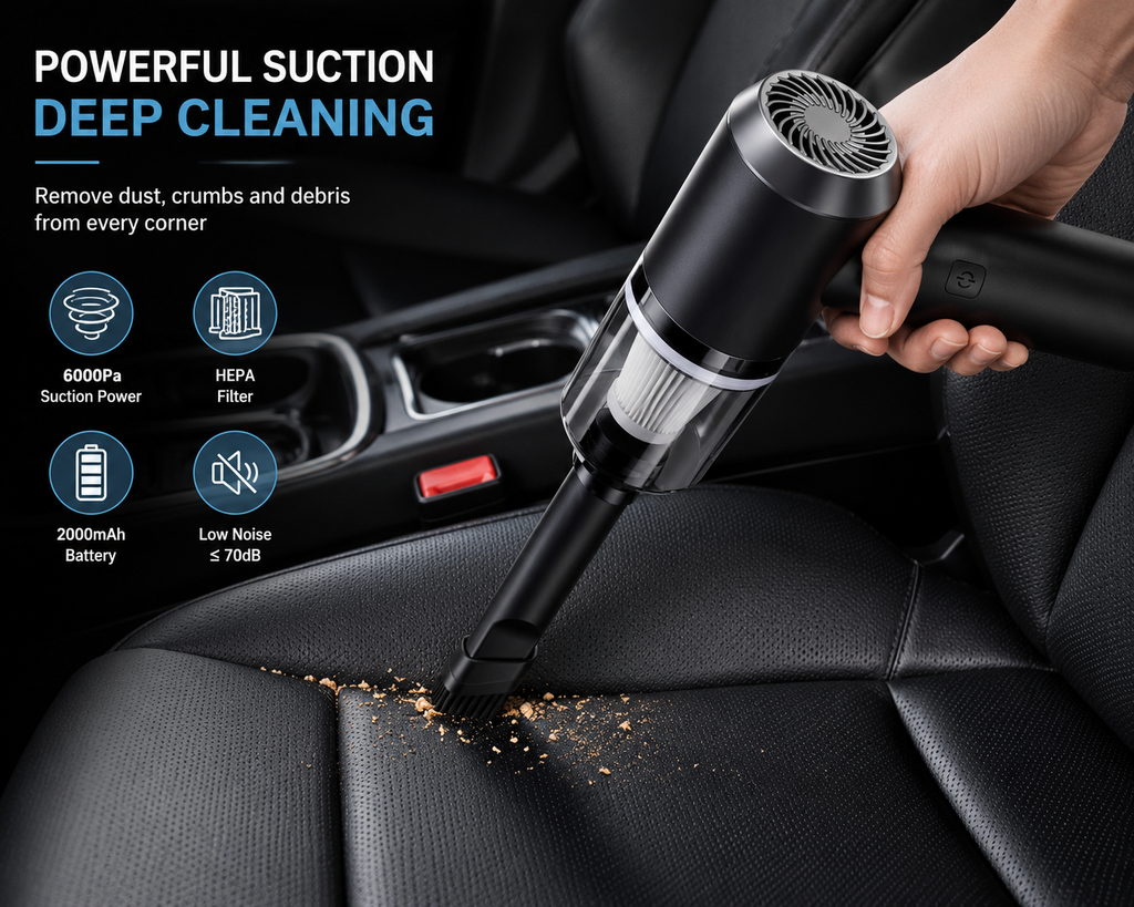 Portable Cordless Car Vacuum Cleaner – Powerful 6000Pa Suction | Rechargeable Mini Handheld Vacuum