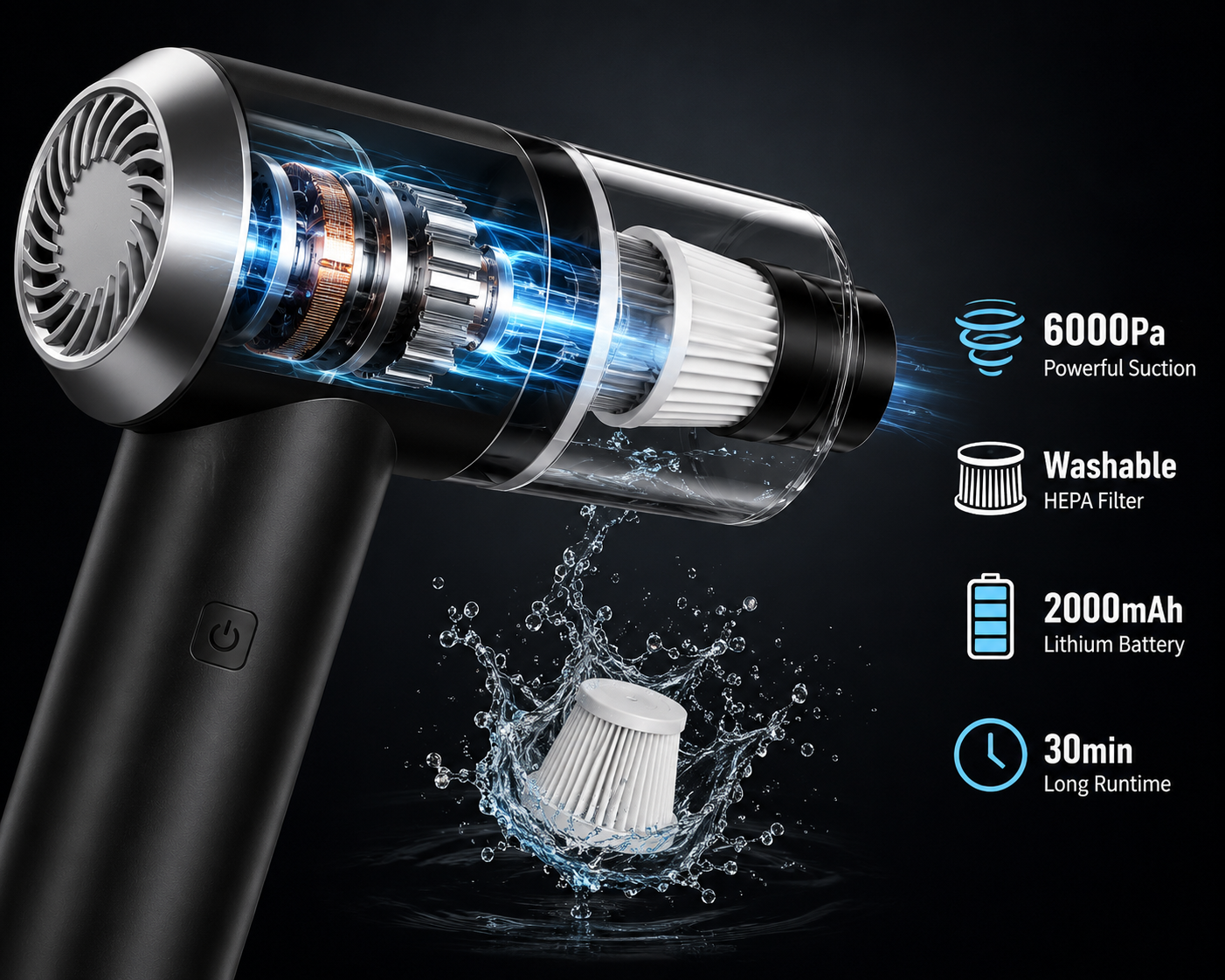 Portable Cordless Car Vacuum Cleaner – Powerful 6000Pa Suction | Rechargeable Mini Handheld Vacuum