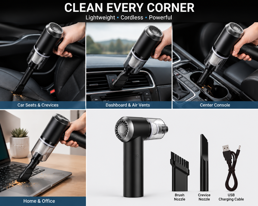 Portable Cordless Car Vacuum Cleaner – Powerful 6000Pa Suction | Rechargeable Mini Handheld Vacuum